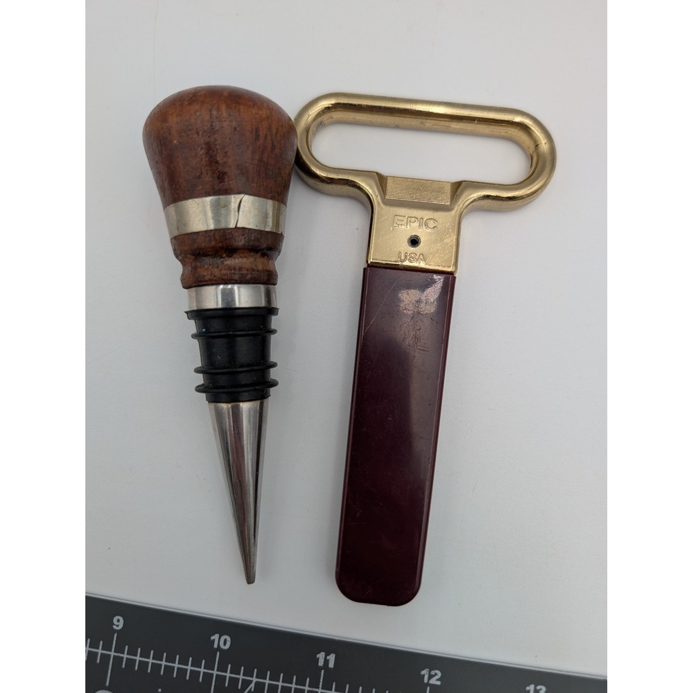Epic Wine Stopper and Cork Puller Set Brown Gold Wood Metal Barware‎ USA